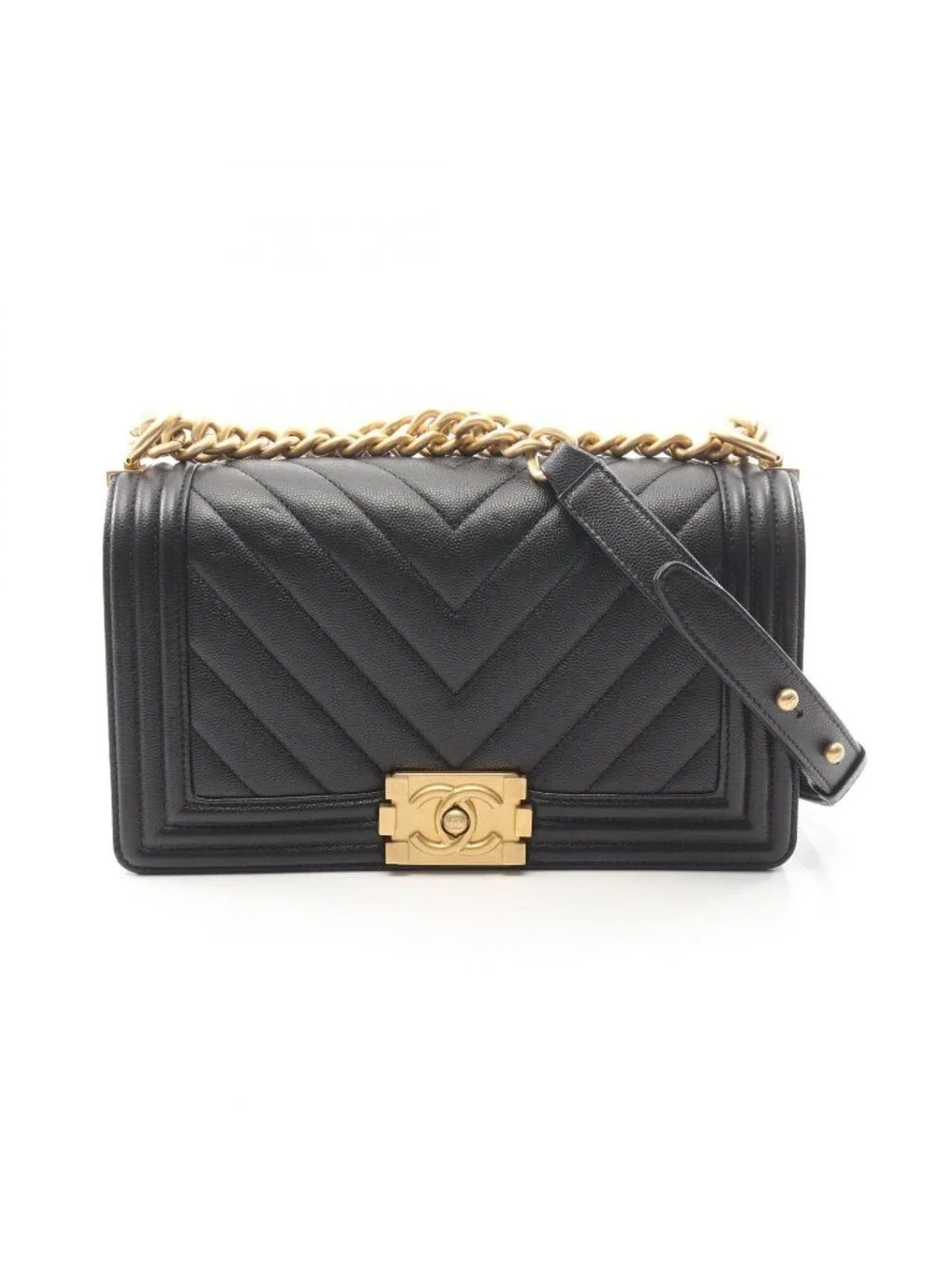 Chanel Shoulder Bag Boy Chevron Stitch Black Caviar Leather Boy Chain
